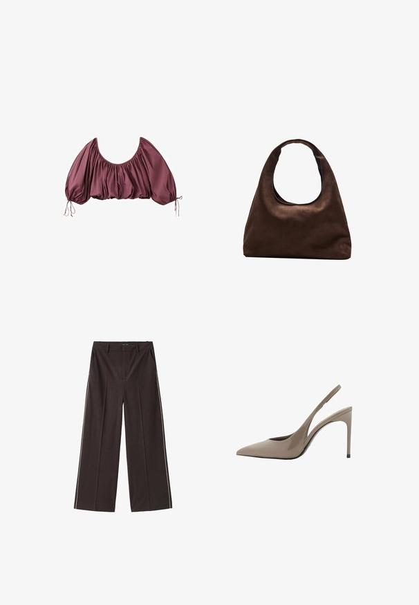 Zugeschnittene, schulterfreie Bluse in tiefem Mauve mit gerafftem Stoff und elastischen Puffärmeln, die an den Handgelenken gebunden sind.; Braune weite Hosen aus glattem Stoff mit weißen Seitestreifen. Merkmale sind Fronttaschen und ein hoher Bund.; Beige Lackleder Slingback High Heels mit spitzem Schuh und elegantem Design, ausgestattet mit einem dünnen Absatz und einem Ausschnitt an der Seite.; Weiche braune Hobo-Stil Handtasche mit einem einzigen breiten Trageriemen und einer geschwungenen Oberteilöffnung, auf einem weißen Hintergrund präsentiert.