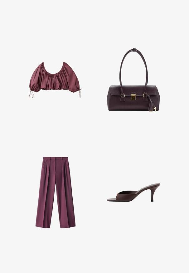 Blouse courte épaules dénudées en mauve foncé, avec tissu froncé et manches bouffantes élastiquées, nouées aux poignets.; Pantalons larges violets foncés en tissu lisse, dotés de plis à l'avant et de poches latérales, conçus avec une coupe ajustée pour plus de confort.; Mule marron foncé à bout ouvert, talon bas incurvé et large bride sur l'avant.; Sac à main en cuir violet foncé avec un design structuré, deux poignées, des accessoires dorés, un rabat plat avec un fermoir et un détail porte-clés.