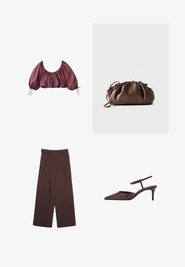 Beskåret, off-shoulder bluse i dyb mauve med samlet stof og elastiske pufærmer, bundet ved håndleddene.; Stradivarius SMART WIDE-LEG WITH BUCKLE DETAIL - Bukser - dark brown; Bordeaux patentlæder slingback hæle med spids tå, tynd ankelrem og en moderat stiletto hæl. Glat, blank finish.; Blød brun læderpung med samlet top og tynd strop, hvilende på hvid baggrund.