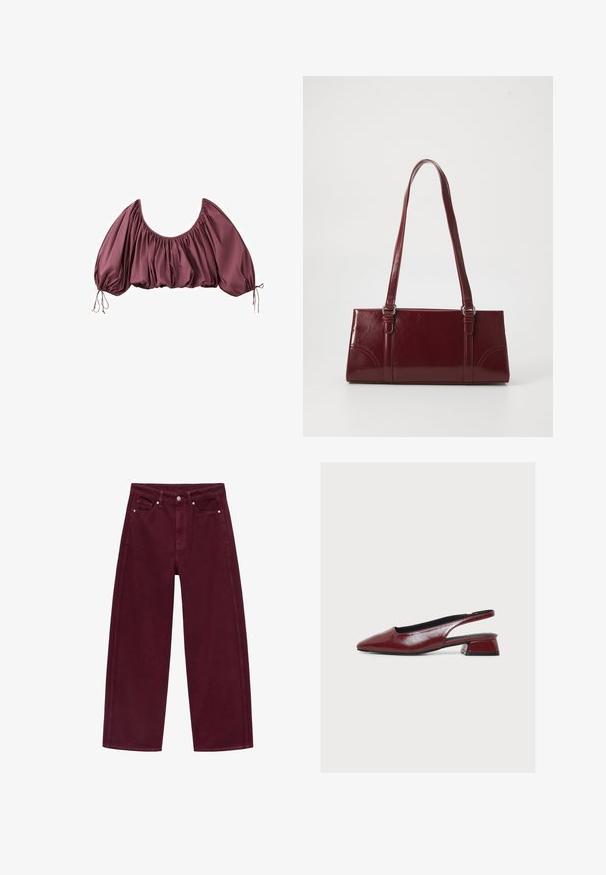Beskåret, off-shoulder bluse i dyb mauve med samlet stof og elastiske pufærmer, bundet ved håndleddene.; Bordeaux bredde ben jeans lavet af bomuldsdenim, med fire-pocket design og metalknap lukning med matchende syninger.; Bordeauxrød læder slingback-sko med spids tå og lav blokhæl, vist fra siden på hvid baggrund.; Bordeaux håndtaske lavet af glansfuldt materiale, rektangulær form, med to skulderremme og subtile buede detaljer på forsiden.