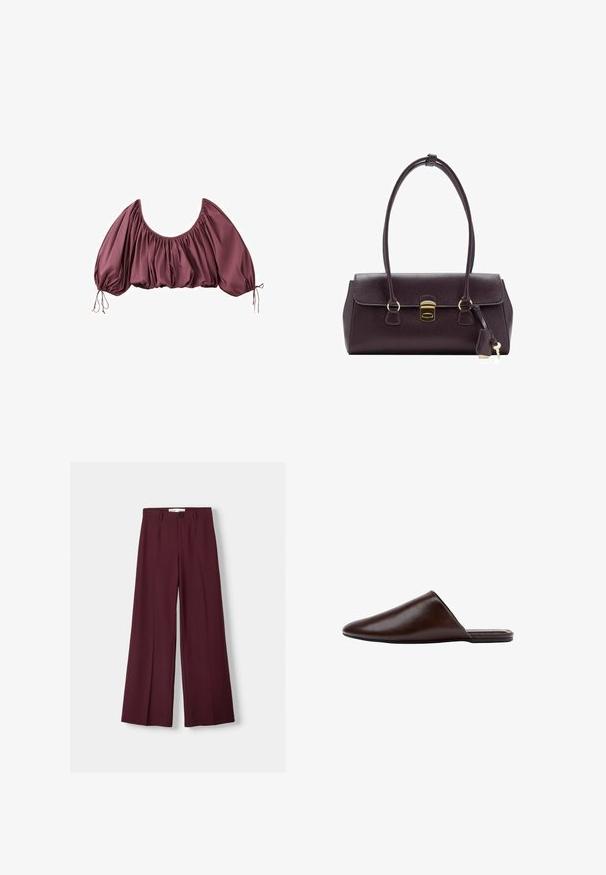 Beskåret, off-shoulder bluse i dyb mauve med samlet stof og elastiske pufærmer, bundet ved håndleddene.; Bordeaux bredde benbukser lavet af glat stof, med en frontknaplukning og rene folder for et skræddersyet udseende.; Mørkebrune læder slip-on mule med lukket spids tå og flad sål, vist fra siden på hvid baggrund.; Mørkelilla håndtaske i læder med struktureret design, dobbelte håndtag, gulddetaljer og en flad klap med lås og nøgleringsdetalje.