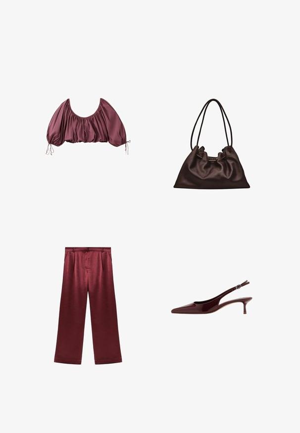 Blouse courte épaules dénudées en mauve foncé, avec tissu froncé et manches bouffantes élastiquées, nouées aux poignets.; Pantalons larges bordeaux en satin avec une texture lisse, dotés d'une taille haute et de deux poches latérales pour un détail fonctionnel.; Chaussure slingback à petit talon en cuir verni marron foncé avec bout pointu et bride réglable à boucle.; Sac à main en cuir brun foncé souple avec une forme flasque et deux fines bretelles sur fond blanc.
