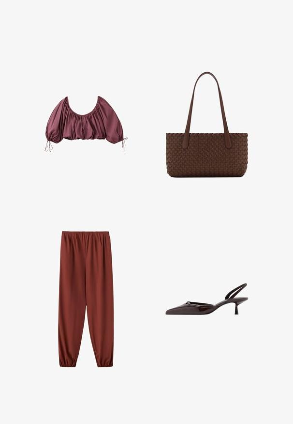 Blouse courte épaules dénudées en mauve foncé, avec tissu froncé et manches bouffantes élastiquées, nouées aux poignets.; Pantalon ample marron rouille avec taille élastique et bas resserrés élastiqués, présenté sur un fond blanc.; Escarpin slingback en cuir verni marron foncé avec bout pointu et petit talon kitten sur fond blanc.; Sac à main en cuir marron avec un motif tissé, avec deux longues anses fines pour un port à l'épaule.