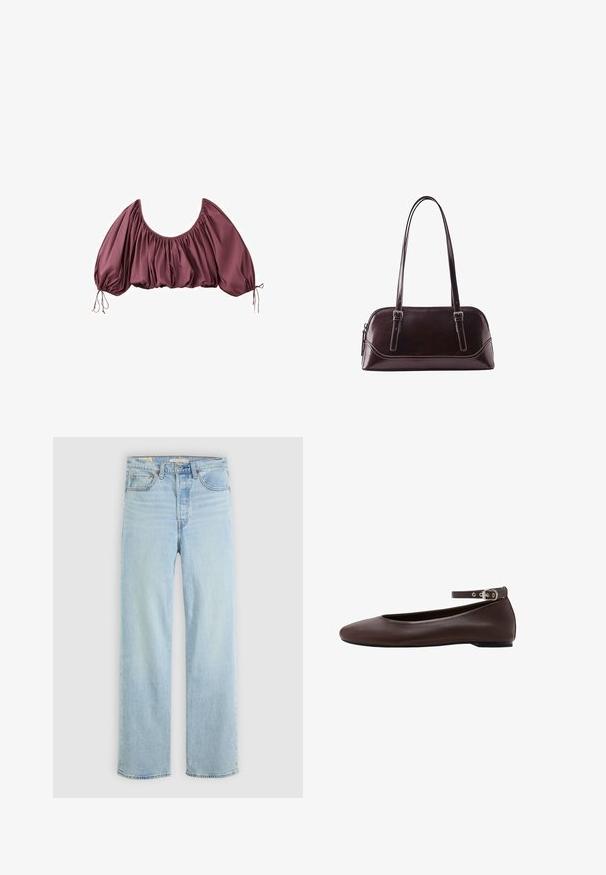 Blouse courte épaules dénudées en mauve foncé, avec tissu froncé et manches bouffantes élastiquées, nouées aux poignets.; Jean en denim bleu clair avec une coupe droite, comportant cinq poches, une fermeture éclair classique et des accents de couture visibles.; Chaussure plate marron foncé avec bout arrondi et bride de cheville réglable avec boucle argentée sur fond blanc.; Sac à main en cuir marron foncé avec deux longues bandoulières, une fermeture éclair et des détails cousus subtils sur fond blanc.