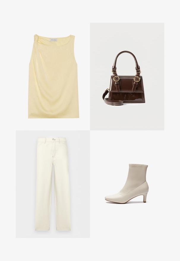 Haut jaune sans manches avec une finition texturée et un détail froncé sur le côté. Tissu doux et coupe décontractée, avec un ourlet droit.; Pantalon droit de couleur blanc cassé avec poches avant, fermeture à boutons et passants pour ceinture, présenté sur un fond clair uni.; Bottine blanche en cuir lisse avec un bout pointu et un talon court et effilé. Présente un design minimaliste et un empeigne sans coutures.; Petit sac à main brun foncé brillant avec deux poignées arrondies, des accents de boucle en or et une bandoulière détachable.
