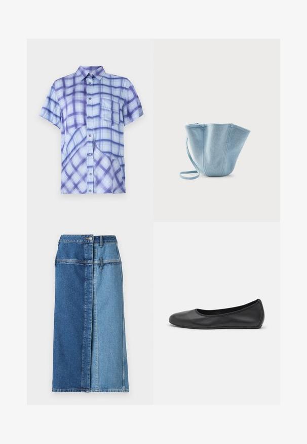 Heled särg helesinises, tumesinise ruudulise musteriga, nupuga ettepoole, ühe rinnataskuga ja lõdva lõikega disain.; Denim seelik värvi plokiga disainiga, kus ühel poolel on tume sinine ja teisel poolel helesinine, nööbiga kinnitamine ja taskud.; Musthave mustika tantsutossud mustast nahast, ümmarguse varbaga, siledast tekstuurist, minimaalse õmblusdetailiga ja paindliku tallakujundusega.; Hele sinine kangast ämbrikujuline kott pika rihmaga, lai ülemine ava ja õmmeldud vertikaalsed õmblused, valgel taustal.