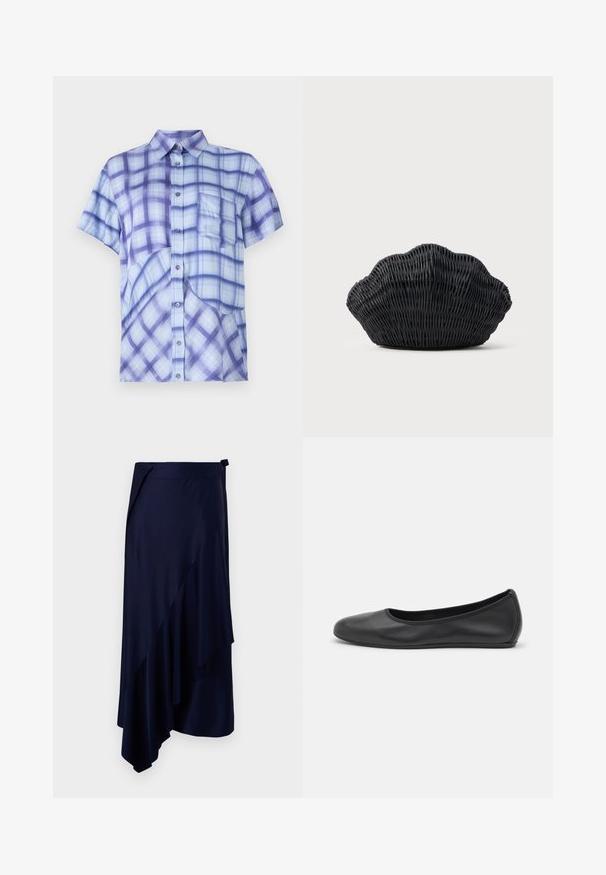 Camisa de manga corta en azul claro con un patrón de cuadros en púrpura oscuro, frente con botones, un solo bolsillo en el pecho y un diseño de corte relajado.; Rabanne Falda de tubo - deep navy; Bailarina de piel negra con punta redondeada, textura suave, detalle de costura minimalista y diseño de suela flexible.; Bolso de mimbre negro con forma de concha de vieira con parte superior curva y textura tejida sobre un fondo liso.