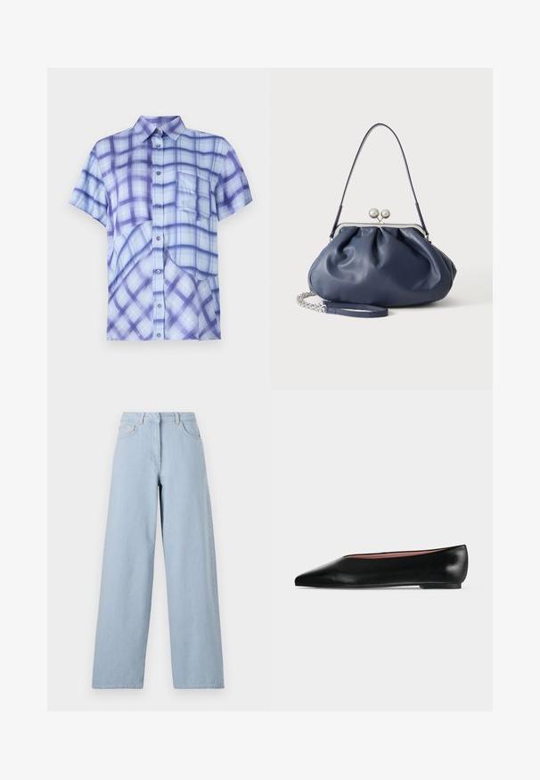 Korte mouwen shirt in lichtblauw met donkerpaars ruitenpatroon, knoopsluiting aan de voorkant, een enkele borstzak, en een ontspannen pasvorm.; REMAIN COCOON PANTS - Wide leg - light blue; Zwarte leren damesschoen met platte zool, puntige neus en lage hak, zijwaarts afgebeeld tegen een effen lichtgrijze achtergrond.; Zachte navyblauwe leren handtas met zilveren sluiting, enkele schouderband en afneembare ketting polsband op witte achtergrond.