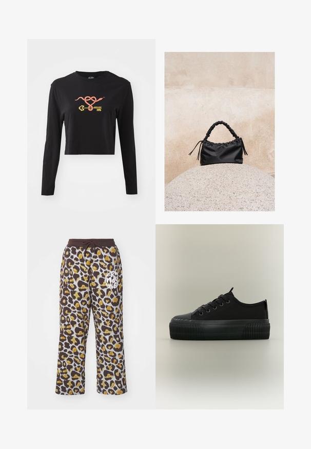 Zwarte lange mouwen crop top van katoen. Voorzien van een kleurrrafische weergave van een slang en een sleutel aan de voorkant. Eenvoudig ontwerp met ronde hals.; Lepaardprint sweatpants in bruin en geel met een trekkoord in de taille en witte "alpha industries" tekst op het linkerbeen.; Zwarte platformsneaker met dikke geribbelde zool, veters aan de voorkant en treklussen op tong en hiel, vanaf de zijkant afgebeeld op een neutrale achtergrond.; Zwarte gerimpelde handtas met een samengevoegde handvat, rustend op een gestructureerde stenen bol tegen een beige betonnen muur.