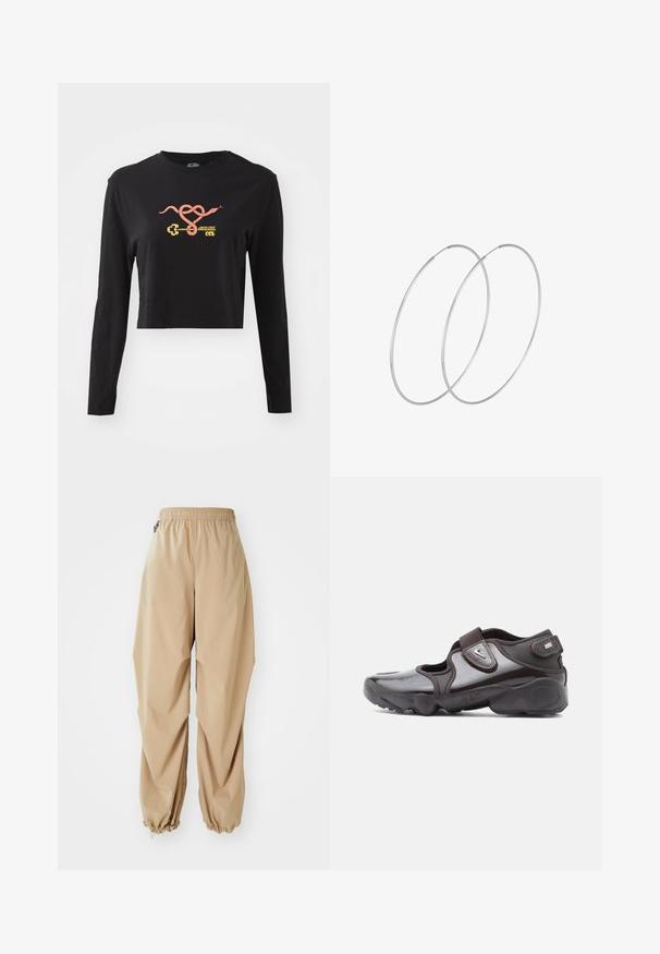 Sort langærmet crop top lavet af bomuld. Har et farverigt grafisk motiv af en slange og en nøgle på forsiden. Enkel design med rund hals.; Beige letvægtsbukser med elastisk talje, tapered manchetter og en glat tekstur, der har en afslappet pasform og ingen synlige mønstre eller udsmykninger.; Mørkebrune sportssko med en blank finish, velcrolukning, rundet tå og en tekstureret sål med polstrede designelementer.; Sølvøreringe med et minimalistisk design. Cirkulær form, glat tekstur og tynd profil. Letvægtige med en poleret overflade.
