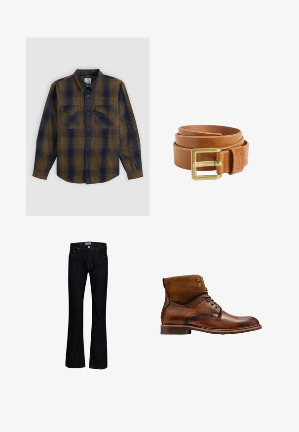 Langærmet skjorte med knapper, i brun og mørkeblå ternet mønster og to brystlommer med knapper, lagt fladt på en hvid baggrund.; Mørkeblå bukseskær med flared fit lavet af denim med en glat tekstur. Har fem lommer, messingbeslag og kontrastsygning.; Kazar ALID - Snørestøvletter - brown; Rullet lysebrunt læderbælte med rektangulært messing spænde og syet læderløkke på hvid baggrund.