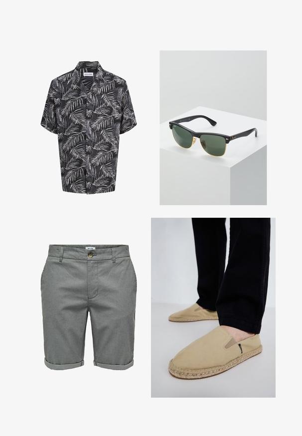 Chemise noire à manches courtes avec un motif de feuilles de palmier blanches et grises et un col, de la marque Jack & Jones.; Shorts gris en tissu texturé, dotés d'une fermeture à bouton, de poches latérales et de revers roulés pour un look soigné.; Chaussures slip-on en toile beige avec des goring élastiques, semelle en corde de jute et coutures contrastantes. Portées avec un pantalon noir fuselé.; Lunettes de soleil Ray-Ban avec des verres verts, monture en plastique noir et accents dorés sur les bords. Forme carrée avec une finition mate.