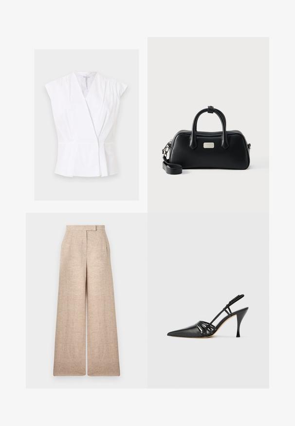 Blusa blanca sin mangas con cuello en V y ligeros pliegues cerca de los hombros y la cintura sobre un fondo liso.; Pantalones beige de pierna ancha con cintura alta, pliegues sutiles en la parte delantera y cierre frontal oculto.; Zapato de tacón alto de charol negro con punta afilada, diseño de tiras entrecruzadas y tacón de aguja delgado. Textura suave y acentos mínimos.; Bolso rectangular negro de cuero con dos asas, correa de hombro desmontable y pequeña placa con el logo de la marca en plata en el frente.