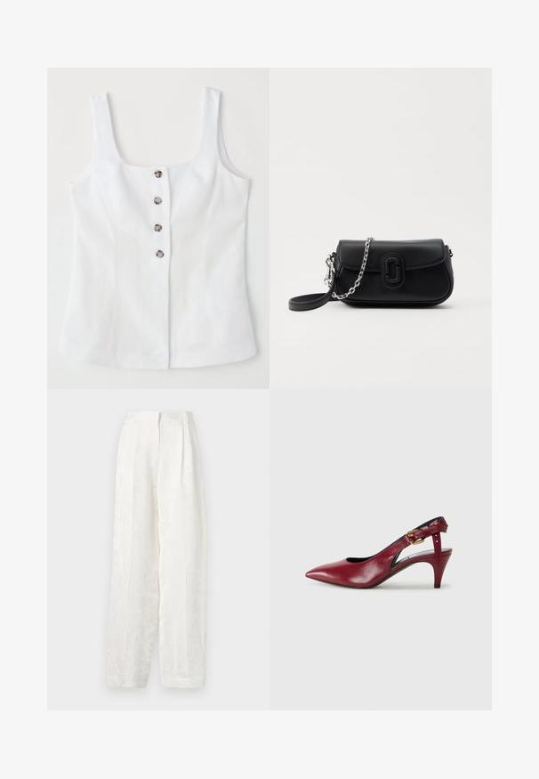 Haut en lin blanc avec un décolleté carré, cinq boutons métalliques sur le devant et larges bretelles. Texture lisse et coupe ajustée.; Pantalons blancs à jambes larges en tissu lisse et texturé, présentant un motif floral subtil et un design plissé à l'avant.; Escarpin rouge en cuir à talon slingback, à bout pointu, avec des découpes arrondies et un talon fin. Équipé d'une bride réglable avec une boucle dorée.; Sac en cuir noir à bandoulière avec chaîne en argent et sangle noire, rabat avant avec détail de logo rectangulaire arrondi, sur fond blanc.
