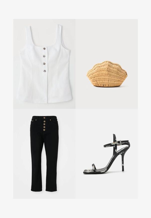 Hvid linned top med firkantet udskæring, fem metalliske knapper foran og brede skulderstropper. Glat tekstur og skræddersyet pasform.; Sorte denimjeans med en tætsiddende pasform, der har høj talje og en lynlås med fem knapper. Inkluderer to frontlommer og hardware i guldfarve.; Sorte højhælede sandaler med firkantet tå, blomstermønster, tynde ankelremme og en blank overflade. Bemærkelsesværdig slank stilettohælk.; Vævet rattan håndtaske formet som en kammusling med naturlig lysebrun farve og afrundede, strukturerede kanter.