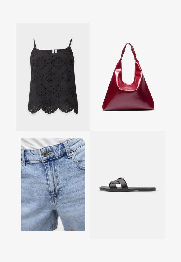 Top negro sin mangas con diseño bordado calado, botones delanteros cubiertos de tela, bajo con borde festoneado y tirantes finos ajustables.; Pantalones cortos de denim azul claro con cintura alta, costuras visibles, dos bolsillos delanteros y cierre de botón de metal. Textura suave.; Sandalia plana negra con diseño de tiras entrecruzadas, suela plana, textura mate y perfil minimalista. Adecuada para uso casual.; Bolso de piel sintética rojo brillante con forma triangular, abertura superior amplia y un asa curva. Textura suave con detalles de costura mínimos.