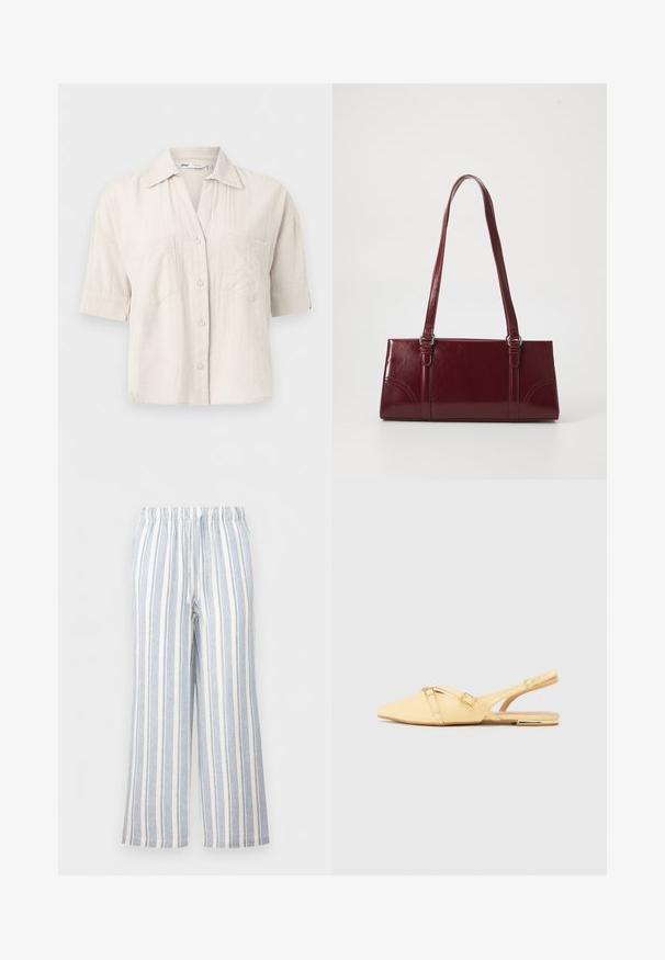 Chemise beige clair à manches courtes avec boutons, deux poches poitrine et col pointu, présentée sur un fond uni.; Pantalon ample à rayures verticales bleues et blanches, taille élastique et cordon de serrage.; Ballerines jaunes en cuir avec un talon slingback et un bout pointu, présentant deux bretelles croisées et un petit accent métallique sur le talon.; Sac à main bordeaux en matériau brillant, de forme rectangulaire, avec deux anses et des accents légèrement courbés à l'avant.