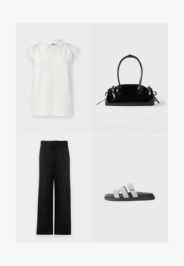 Blouse blanche sans manches avec manches en dentelle et petit col en V à volants, présentée sur un fond uni.; Pantalon noir à jambes larges avec taille élastiquée et cordon noué, présentant un motif floral œillet discret sur l’ensemble.; Sandale à semelle noire avec deux bandes verticales ornées de strass argentés, design plat, texture en caoutchouc et motif de semelle subtil.; Petit sac à main noir brillant avec deux longues anses et des détails à cordon sur les côtés sur un fond clair uni.