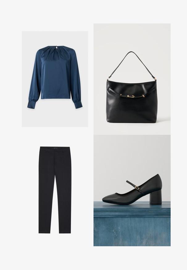 Blouse bleu marine à manches longues avec encolure plissée, fermeture boutonnée au dos et poignets ajustés sur fond uni.; Pantalons formels noirs slim fit avec passants de ceinture et poches avant, conçus pour un look professionnel et ajusté.; Chaussure Mary Jane noire avec talon carré et sangle à boucle dorée, flottant au-dessus d'un sol en béton lisse dans un cadre intérieur minimaliste.; Sac à épaule en cuir noir avec une bandoulière unique et un petit détail de boucle dorée à l'avant, sur un fond clair uni.