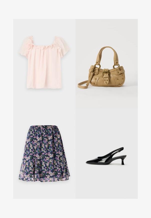 Lyserød bluse med flæse ved halsen og korte, pufærmer. Blødt stof med blomsterdetalje på venstre skulder. Behagelig pasform.; Blomsterkjole med elastisk talje. Har en mørk navy baggrund med pink, hvide og grønne blomstermønstre. Let og svalende stof.; Sorte patenterede slingback-sko med spidse tæer og lav blokhæl. Justerbar spænde-rem ved anklen.; Beige læderhåndtaske med dobbelte håndtag, messing spænde og nitte detaljer samt en justerbar skulderrem mod en hvid baggrund.