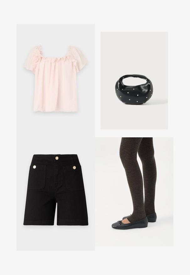 Lichtroze blouse met gerimpelde halslijn en korte, gepofte mouwen. Zacht stof met bloemaccent op de linker schouder. Ontspannen pasvorm.; Zwarte denim shorts met een hoge taille, voorzien van twee opvallende zakken aan de voorkant en goudkleurige metalen knopen voor de sluiting en accenten. Zorgt voor een soepele textuur.; Benen met donkere geribbelde leggings gecombineerd met zwarte ballerina's met kleine strikdetails op een witte achtergrond.; Zwarte leren handtas met een afgeronde vorm, versierd met zilveren studs, en een korte handgreep. Gladde textuur en ritsluiting.