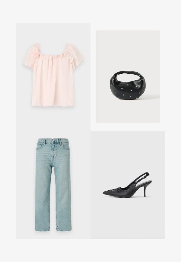 Lichtroze blouse met gerimpelde halslijn en korte, gepofte mouwen. Zacht stof met bloemaccent op de linker schouder. Ontspannen pasvorm.; Lichtblauwe wijde jeans van denim, met een klassieke vijf-pocketontwerp, strakke lijnen en een normale tailleband met een knoopsluiting.; Zwarte leren slingback stiletto met spitse neus, zijgesp met gesp, studs langs de rand en decoratieve veters aan de voorkant.; Zwarte leren handtas met een afgeronde vorm, versierd met zilveren studs, en een korte handgreep. Gladde textuur en ritsluiting.
