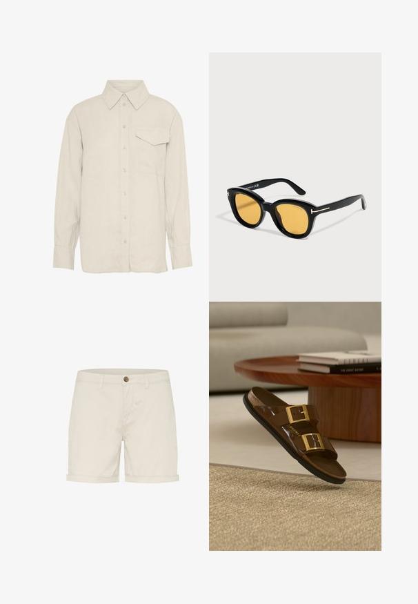 Helles beigefarbenes Langarmhemd aus Leinen. Verfügt über einen spitzen Kragen, eine Knopfleiste und eine Brusttasche auf der linken Seite.; Helle beige Baumwollshorts mit Knopfverschluss, umgeschlagenen Säumen und Seitentaschen. Glatte Textur und maßgeschneiderte Passform für Komfort.; Braune Slide-Sandale mit doppeltem Riemen und goldenen Schnallen, die über einem strukturierten beigen Teppich schwebt, in der Nähe eines hölzernen Couchtisches und eines hellen Sofas.; Schwarze Sonnenbrille mit rundem Rahmen, gelben Gläsern und goldenen T-förmigen Akzenten an den Bügeln, dargestellt auf neutralem Hintergrund.