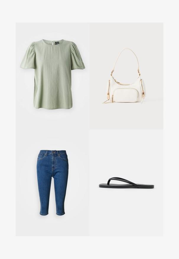 Blusa verde de manga corta con escote redondo, mangas ligeramente abullonadas y un delicado ribete en el escote y los bordes de las mangas.; Pantalones capri de mezclilla en azul medio con cintura alta, cuatro bolsillos y detalles cosidos. Terminados con dobladillo a la altura de la pantorrilla con una ligera curva.; Chanclas negras con un diseño minimalista, suela plana, tiras estrechas y una textura suave. Sin patrones ni acentos adicionales.; Bolso blanco con una correa corta, superficie texturizada, múltiples bolsillos con cremallera y acentos de hardware en tono dorado. Diseño compacto y moderno.