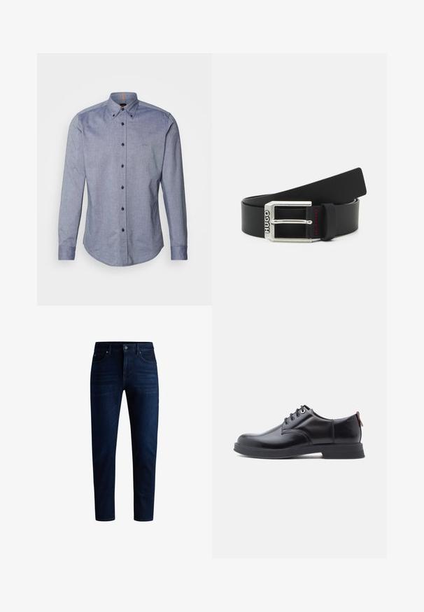 Blauwe overhemd met knopen in een lichte stof. Bevat een gespreid kraag, lange mouwen en een klein logo op de borst. Voorkant met knoopsluiting.; Donkerblauwe denim jeans met een recht gesneden ontwerp, vijf zakken en een knoopsluiting. De stof heeft een lichte glans met minimale vervaging.; Zwarte leren veter schoenen met een gladde textuur, ronde neus en subtiel stiksel detail. Voorzien van een rode trekband op de hiel.; Zwarte leren riem met een zilveren metalen gesp gegraveerd met "HUGO," voorzien van rode accentstiksels op de riemlus.