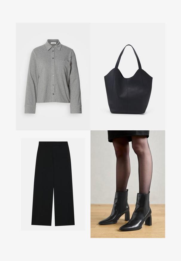 Chemise grise à boutons en tissu doux, avec un col, des manches longues, une poche poitrine et un poignet boutonné avec un détail de logo.; Pantalons noirs à jambe large en tissu lisse. Dotés d'une taille plate avec passants de ceinture et sans poches visibles. Design simple.; Bottines en cuir noir avec un bout pointu, un talon carré épais et un design élégant. Présente des panneaux latéraux élastiques pour un enfilage facile.; Sac fourre-tout noir en cuir lisse, doté d'un haut ouvert et courbé avec deux brides d'épaule et un design minimaliste.