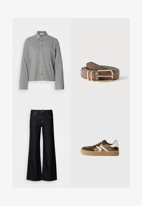Grijze button-up shirt van soepel materiaal, voorzien van een kraag, lange mouwen, een borstzak en een knoopmanchet met logodetail.; Donkere denim jeans met wijde pijpen, een hoge taille, een ontwerp met vijf zakken en contrasterende gele stiksels langs de naden.; Bruine en crèmekleurige sneakers van een combinatie van suede en satijn, met drie diagonale strepen en een gestructureerde gumrubberen zool.; Opgerolde bruine suède riem met gouden rechthoekige gesp en twee gouden riemlussen op een effen lichte achtergrond.