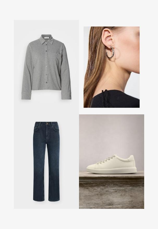 Grå knap-op skjorte lavet af blødt stof, med krave, lange ærmer, en brystlomme og en knap-lukning ved ærmerne med logo detaljer.; Mørkeblå straight-leg denim jeans med frontknap, lynlås og fem-lomme design.; Hvide lave lædersneakers med snørebånd og flad gummisål, vist fra siden på en ensfarvet baggrund.; Sølv hoop ørestik med en poleret overflade, prydet med små guld accenter og en rund form, båret på øreflippen.
