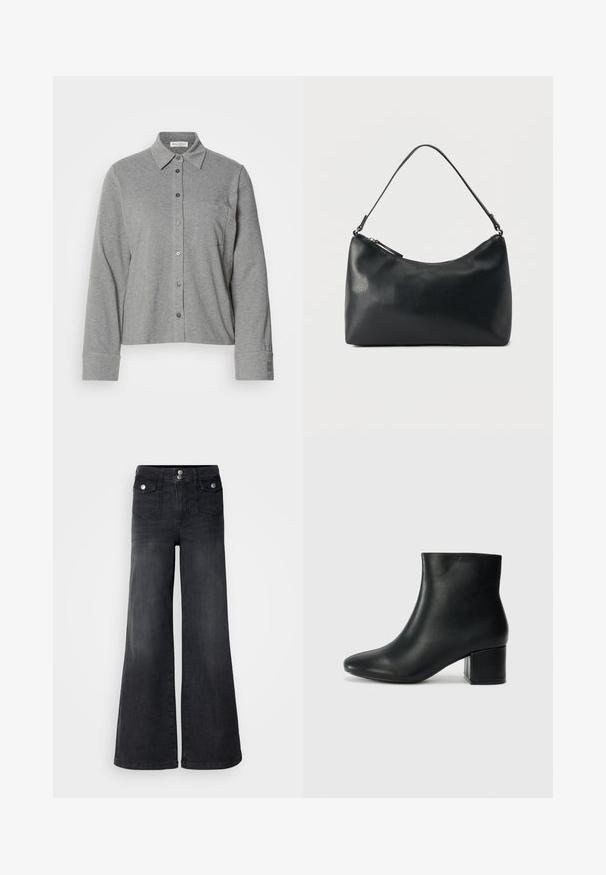 Camisa gris de botones hecha de tela suave, con cuello, manga larga, un bolsillo en el pecho y un puño abotonado con detalle del logo.; Pantalones vaqueros de mezclilla negra de pierna ancha con una cintura alta, botones en la parte frontal y dos bolsillos delanteros; textura suave con un ligero acabado desvanecido.; Botas de cuero negras hasta el tobillo con una punta afilada y un tacón grueso. Textura lisa con acentos mínimos y un diseño elegante y ajustado.; Bolso de hombro de cuero negro texturizado con cremallera curva en la parte superior y una sola correa ajustable sobre un fondo liso.