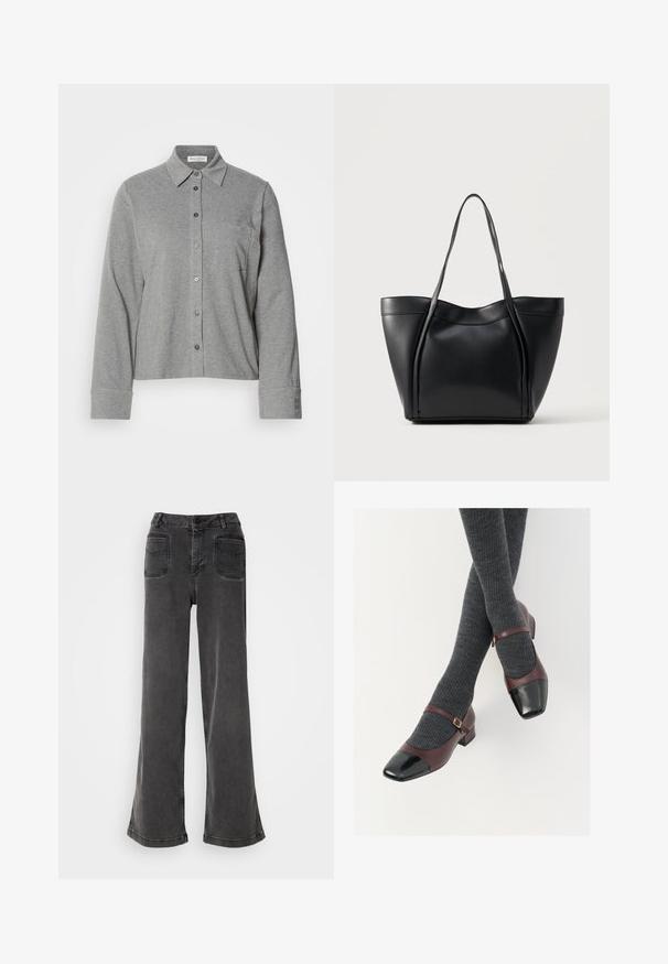 Grå knap-op skjorte lavet af blødt stof, med krave, lange ærmer, en brystlomme og en knap-lukning ved ærmerne med logo detaljer.; Høj talje, brede ben sorte jeans lavet af denim, med knaplukning, bæltestropper og to baglommer med syninger.; Burgunderrøde læder Mary Jane-sko med en sort laktoej og tynd ankelrem; båret med mørkegrå ribbede strømper. Lav blokhæl.; Sort lædertaske med to lange håndtag og en let buet topkant, vist mod en ensfarvet lys baggrund.