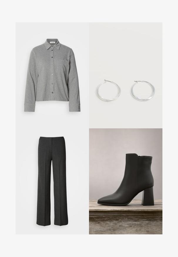 Camisa gris de botones hecha de tela suave, con cuello, manga larga, un bolsillo en el pecho y un puño abotonado con detalle del logo.; Pantalones de pierna ancha en gris oscuro, hechos de tejido texturizado. Cuentan con una cinturilla ajustada y un sutil patrón de rayas.; Botín negro de cuero hasta el tobillo con punta afilada y tacón cuadrado, que presenta una sección texturizada negra y una superficie superior lisa.; Pendientes de aro de metal plateado con superficie lisa y ligeramente curvada y cierre de tipo mosquetón sobre un fondo blanco liso.