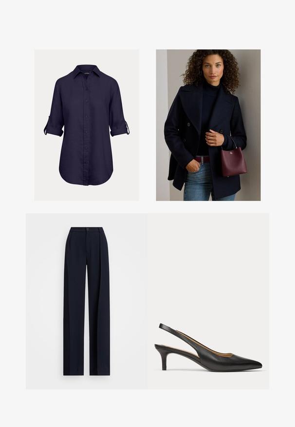 Chemise boutonnée bleu marine en lin, dotée d'un col classique, de manches trois quarts et d'un ourlet incurvé avec manches retroussées.; Pantalons larges bleu marine avec plis, fermeture par bouton et texture de tissu lisse. Conçus pour un ajustement ample et confortable.; Chaussure slingback en cuir noir à bout pointu, avec un petit talon kitten et une fine bride autour du talon.; Femme aux cheveux bouclés portant un manteau sombre, un col roulé noir, un jean bleu, tenant un petit sac à main bordeaux avec un logo argenté.