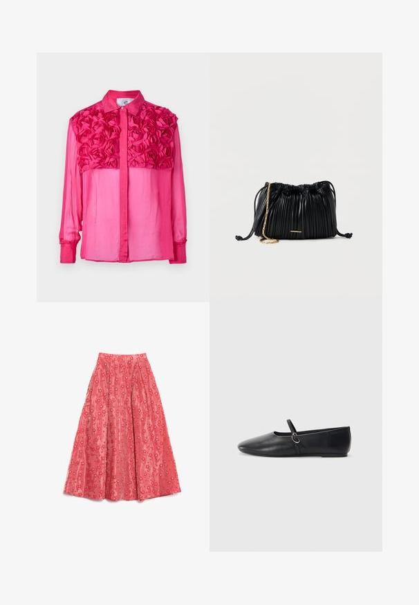 Camisa de botones rosa con un diseño floral texturizado en los hombros, de manga larga y una tela suave y ligera en todo su cuerpo.; Falda maxi de coral fluida, hecha de un tejido texturizado, con un patrón floral y pequeños acentos blancos, y pliegues para añadir volumen.; Bailarinas de cuero negro con punta afilada, suela plana y una pequeña correa con detalle de hebilla plateada.; Bolso de mano negro de cuero plisado con cordón ajustable, cadena dorada como asa y un pequeño detalle horizontal dorado en la parte frontal.