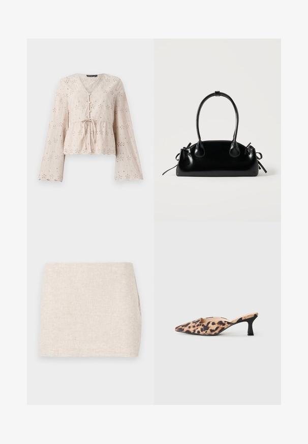 Lys beige broderet bluse med V-udskæring, lange klokkeærmer, bånd i taljen og bølgemønster forneden, prydet med broderede blomsterdekorationsmønstre.; Beige linnedyr med et minimalistisk design, der har en glat tekstur og en subtil vævning. Det har en lige, simpel skæring uden synlige lukninger.; Spidse mule-sko med leopardprintet overdel og lav sort kitten-hæl på en lys baggrund.; Lille sort blank håndtaske med to lange håndtag og snøre-detaljer i siden på en ensfarvet lys baggrund.