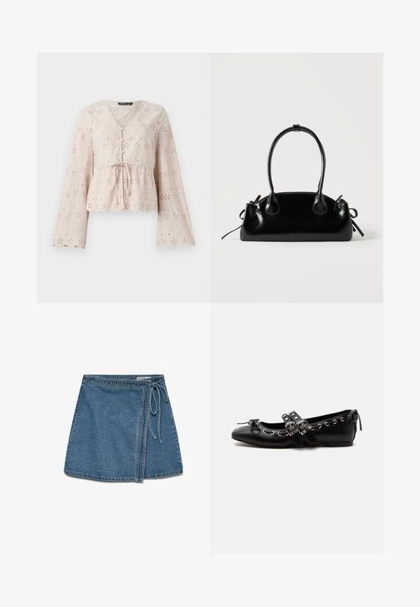 Lys beige broderet bluse med V-udskæring, lange klokkeærmer, bånd i taljen og bølgemønster forneden, prydet med broderede blomsterdekorationsmønstre.; Denim indigo omslagskørt i lys blå med et bånd i taljen, der har en lige pasform og en glat tekstur. Ingen synlige mønstre eller dekorationer.; Sort flad balletsko med dobbelt spænde, sølvøjer og en lille sløjfe nær den runde tå på en hvid baggrund.; Lille sort blank håndtaske med to lange håndtag og snøre-detaljer i siden på en ensfarvet lys baggrund.
