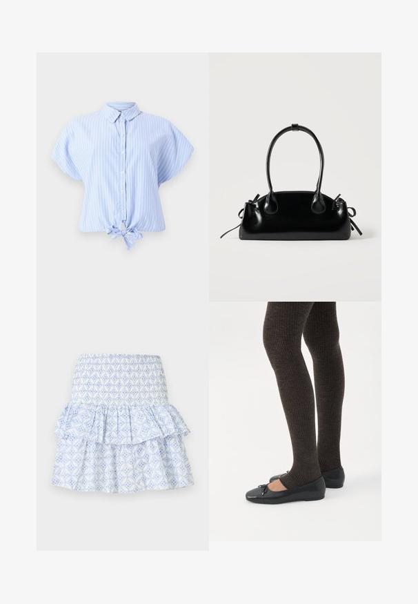 Chemise à manches courtes bleu clair avec des rayures verticales blanches et un détail noué à l'avant, fabriquée dans un tissu lisse avec une coupe décontractée.; Jupe blanche avec motif floral géométrique bleu, taille smockée et design à volants superposés.; Jambes portant des leggings côtelés foncés associés à des ballerines noires avec de petits détails en nœud sur fond blanc.; Petit sac à main noir brillant avec deux longues anses et des détails à cordon sur les côtés sur un fond clair uni.