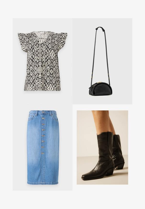 Haut noir et crème à motifs avec un décolleté en V, des manches courtes à volants et une coupe ample, mettant en valeur un motif géométrique en losanges.; Jupe midi en denim bleu avec une coupe droite, dotée d'une fermeture à boutons sur le devant, de cinq poches et d'un délavage pour une texture.; Bottes de cowboy en cuir noir mi-mollet avec bouts pointus et talons blocs portées sur des jambes nues sur un fond neutre.; Sac bandoulière en cuir noir avec une forme arrondie, une fermeture éclair dorée et une sangle ajustable avec des détails de boutons dorés.