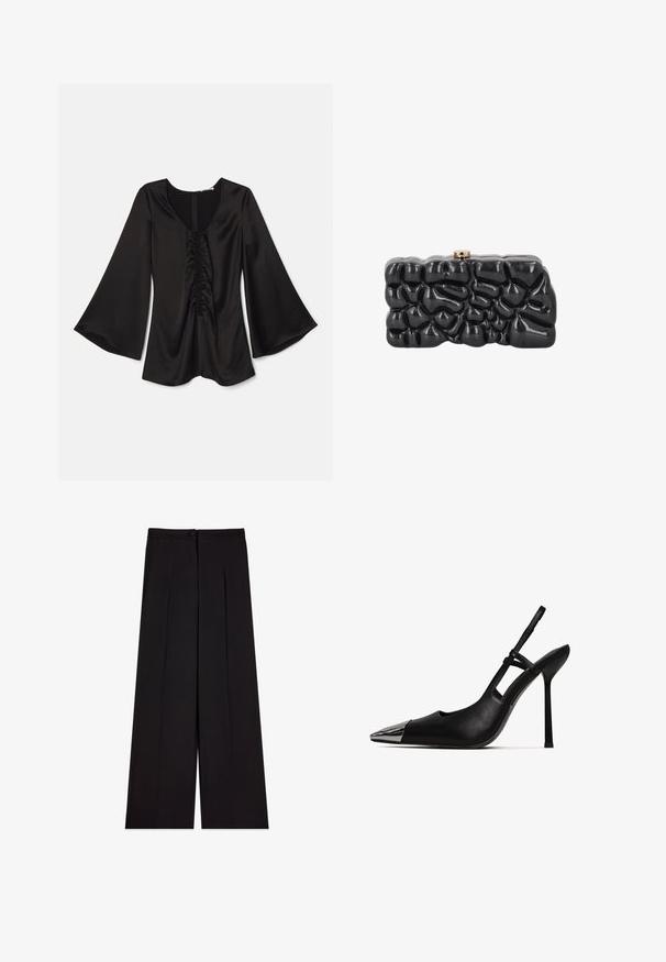 Blouse en satin noir avec de longues manches évasées. Présente un décolleté en forme de cœur profond et des détails froncés au centre. Texture lisse. Fermeture éclair au dos.; Pantalon large noir taille haute avec plis sur le devant et fermeture par bouton à la taille.; Mocassin noir à talon slingback avec un bout pointu et un cap en métal brillant. Caractéristiques : un haut talon aiguille et une sangle fine autour de la cheville. Texture en cuir lisse.; Pochette noire brillante avec une surface abstraite et texturée et un petit fermoir métallique sur le dessus, présentée sur fond blanc.