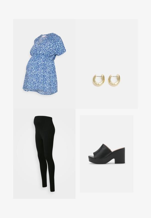 MAMALICIOUS MLDEE TESS TOP - Camiseta estampada - azure blue; Leggings de maternidad negros con una cinturilla alta y de soporte, textura suave, diseño ajustado y sin patrones ni adornos visibles.; Las mulas de cuero negro con punta abierta cuentan con una amplia tira frontal y un chunky tacón alto con una textura suave. Se muestra la vista lateral.; Pendientes de aro en tono dorado con un acabado suave y pulido. Presentan una forma de medio círculo y un cierre de poste seguro.