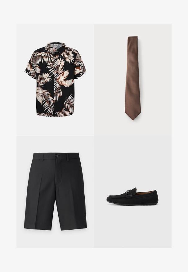 Camisa negra de manga corta con botones y estampado grande de hojas tropicales en beige y marrón.; Bermudas negras a medida de tela ligera, con corte recto, pliegues simples y cierre frontal de botón.; Mocasines de ante negro con punta redondeada, correa decorativa y detalle en metal en tono plata. Suela de goma flexible para tracción y comodidad.; Corbata de seda marrón con una textura suave, forma estrecha y punta afilada, presentada sobre un fondo liso.