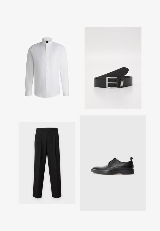 Camisa blanca de manga larga hecha de algodón suave, con un cuello clásico, botonera completa y puños abotonados. Diseño minimalista.; Pantalones negros a medida con perneras rectas, pliegues en la cintura, trabillas para cinturón y bolsillos laterales con abertura, exhibidos sobre un fondo liso.; Zapato de vestir para hombre de cuero negro con cierre de cordones y tira en el talón, mostrado en perfil lateral sobre un fondo blanco liso.; Cinturón de cuero negro con una textura suave y elegante, que presenta una hebilla de metal plateado y un sutil detalle de marca.