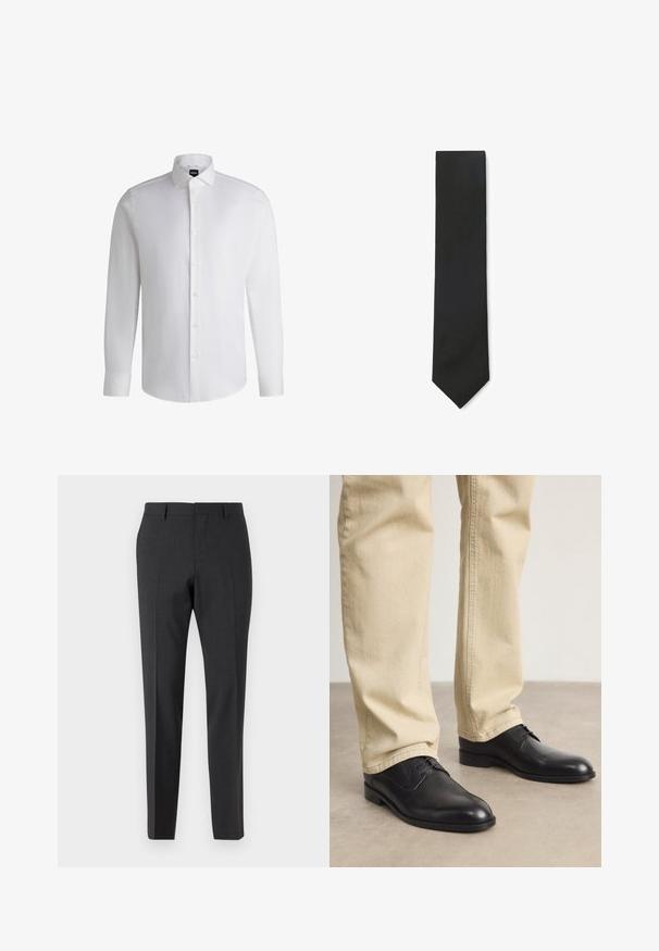 Weißes Langarmhemd aus glattem Baumwollstoff, mit klassischem Kragen, durchgehender Knopfleiste und geknöpften Manschetten. Minimalistisches Design.; Dunkelgraue, maßgeschneiderte Hose mit glatter Textur, schmaler Passform, flachem Frontbereich und Gürtelschlaufen, entworfen für formelle oder geschäftliche Kleidung.; Schwarze Leder Schnürschuhe mit runder Zehenform, glatter Oberfläche und dezenten Nähdetails, getragen mit hellbeigen Hosen.; Schwarze diagonal gestreifte Krawatte mit klassischer spitzer Spitze auf weißem Hintergrund.