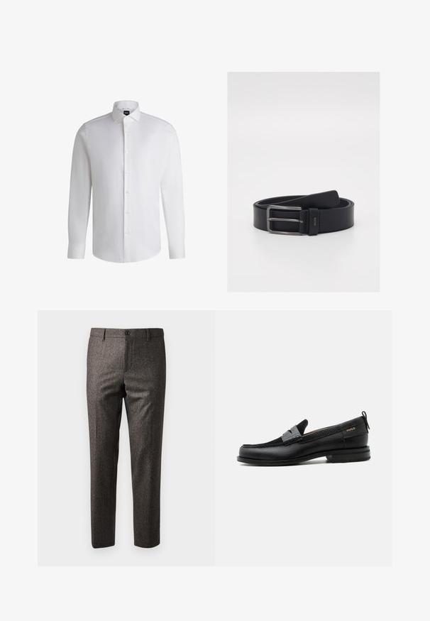 Valge pikkade varrukatega särk, mis on valmistatud siledast puuvillast. Särgil on klassikaline krae, täispaneel nuppudega ja nööbitavad mansetid. Minimalistlik kujundus.; Pruun herringbone-stiilis püksid, millel on sale lõige, esi-nööbiga kinni peetavad ja küljetaskud, valmistatud tekstureeritud kangast, millel on õrn sära.; Must nahast loafer halli rihma detailiga, madala kand ja tekstuurse tallaga, külgedel kuldse "HUGO" brändiga.; Must must narv, mis sisaldab elegantset disaini, hõbedast metallist pandlat ja siledat tekstuuri. Logo detail pandla lähedal.