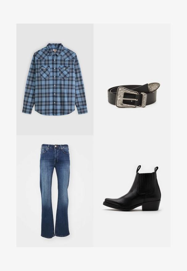 Langærmet skjorte med knapper, blå og sort ternet mønster, to brystlommer med knapper og spids krave på hvid baggrund.; Mørkeblå denim flare jeans med fem lommer, frontlukning med knap og subtil fading fra knæ til søm. Har en klassisk pasform og syninger.; Kentucky's Western Cowboy- / bikerstøvlette - black; Sort læderbælte med en udsmykket sølvspænde med indviklede graveringer og en dekorativ spids, der fremhæver tekstur og håndværk.