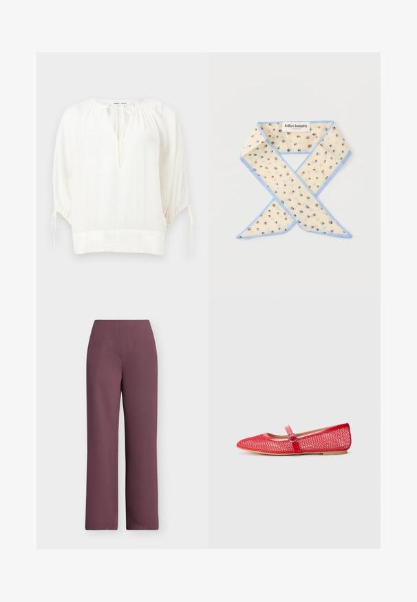 Witte losse blouse met driekwart pofmouwen, ronde halslijn met striksluiting en geplooide details bij de schouders en manchetten.; Damesbroek met hoge taille en rechte pijpen in effen gedempte paarse stof, geen zichtbare zakken of versieringen, vooraanzicht op witte achtergrond.; Rode mesh ballerina's met een puntige neus, verstelbare band en platte zool. Textuur bovenwerk met een glanzende afwerking.; Lichtbeige sjaal met zwarte polkadots en lichtblauwe randen, opgevouwen met een zichtbaar merklabel "lollys laundry Copenhagen."
