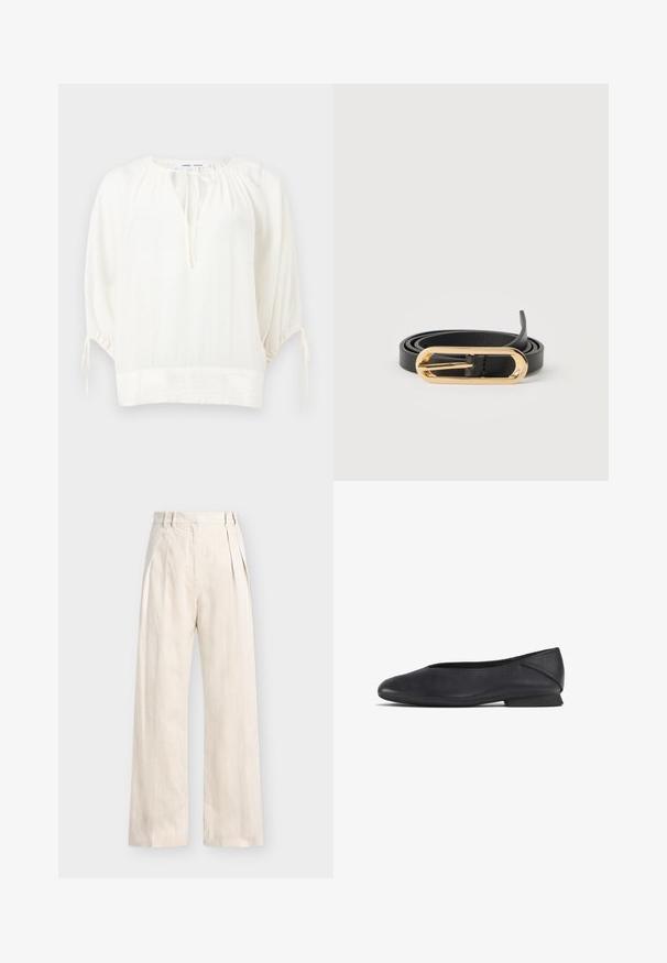 Witte losse blouse met driekwart pofmouwen, ronde halslijn met striksluiting en geplooide details bij de schouders en manchetten.; Beige wijde pantalon met hoge taille, voorplooien, riemlussen en een verborgen ritssluiting.; Zwarte leren platte schoen met ronde teen en lage hak, ontworpen voor casual of formele gelegenheden.; Zwarte leren riem opgerold met een langwerpige ovale glanzende gouden gesp op een witte achtergrond.